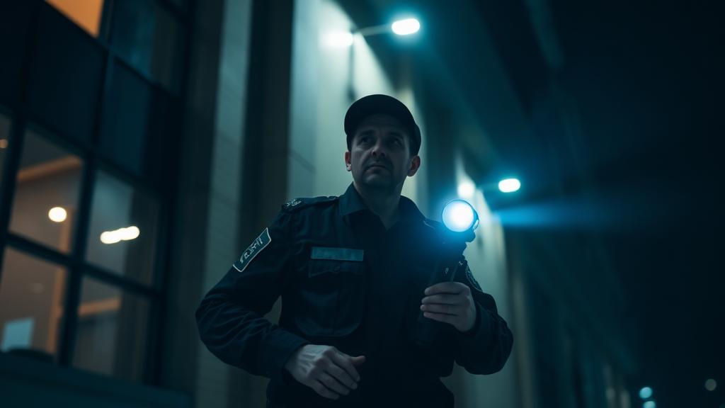 Security guard using ProtectSmartly safety app during night patrol